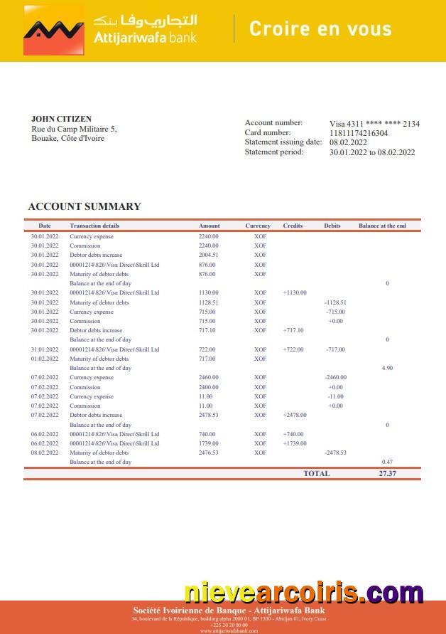 Cote d'Ivoire Attijariwafa bank statement
